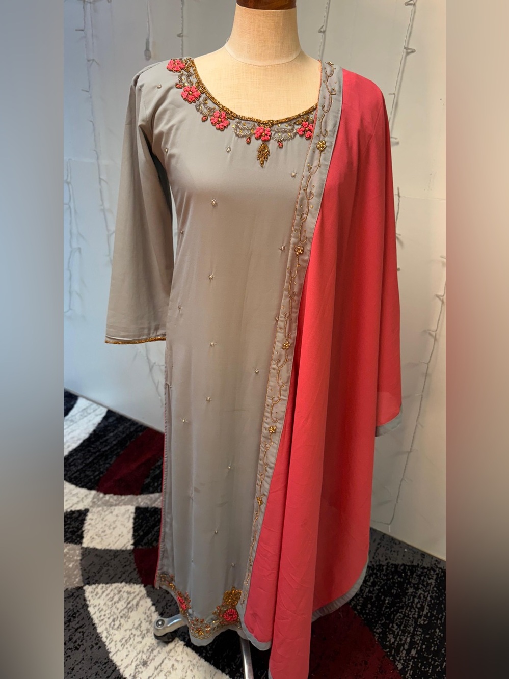 Elegant Grey & Coral Embroidered Women’s Dress with Dupatta